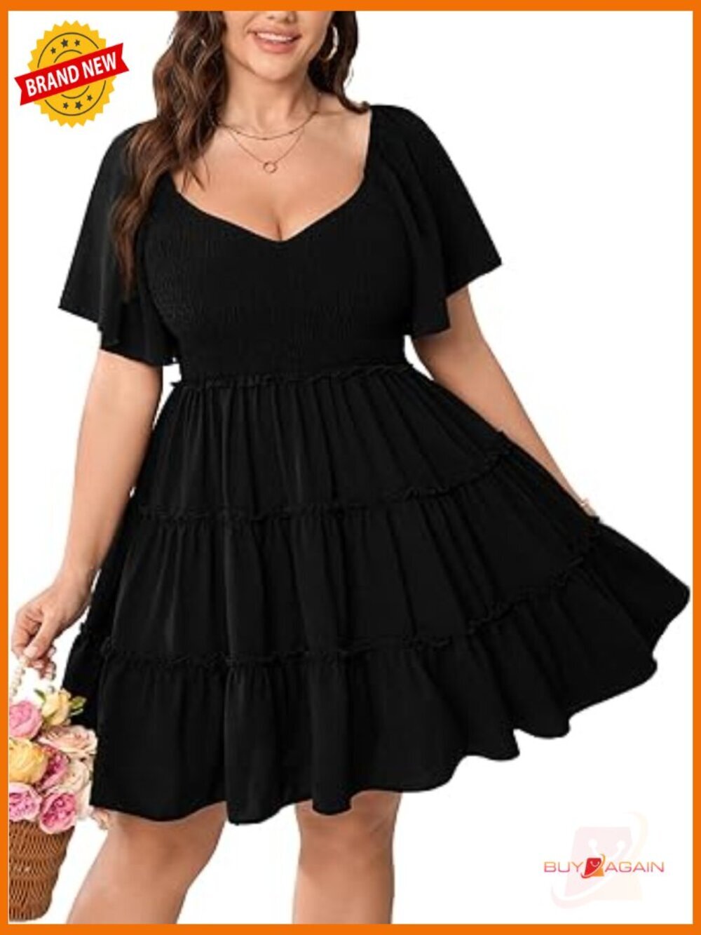 Plus Size Sweetheart Neck Mini Dress Flutter Sleeve Smocked A-Line Tiered